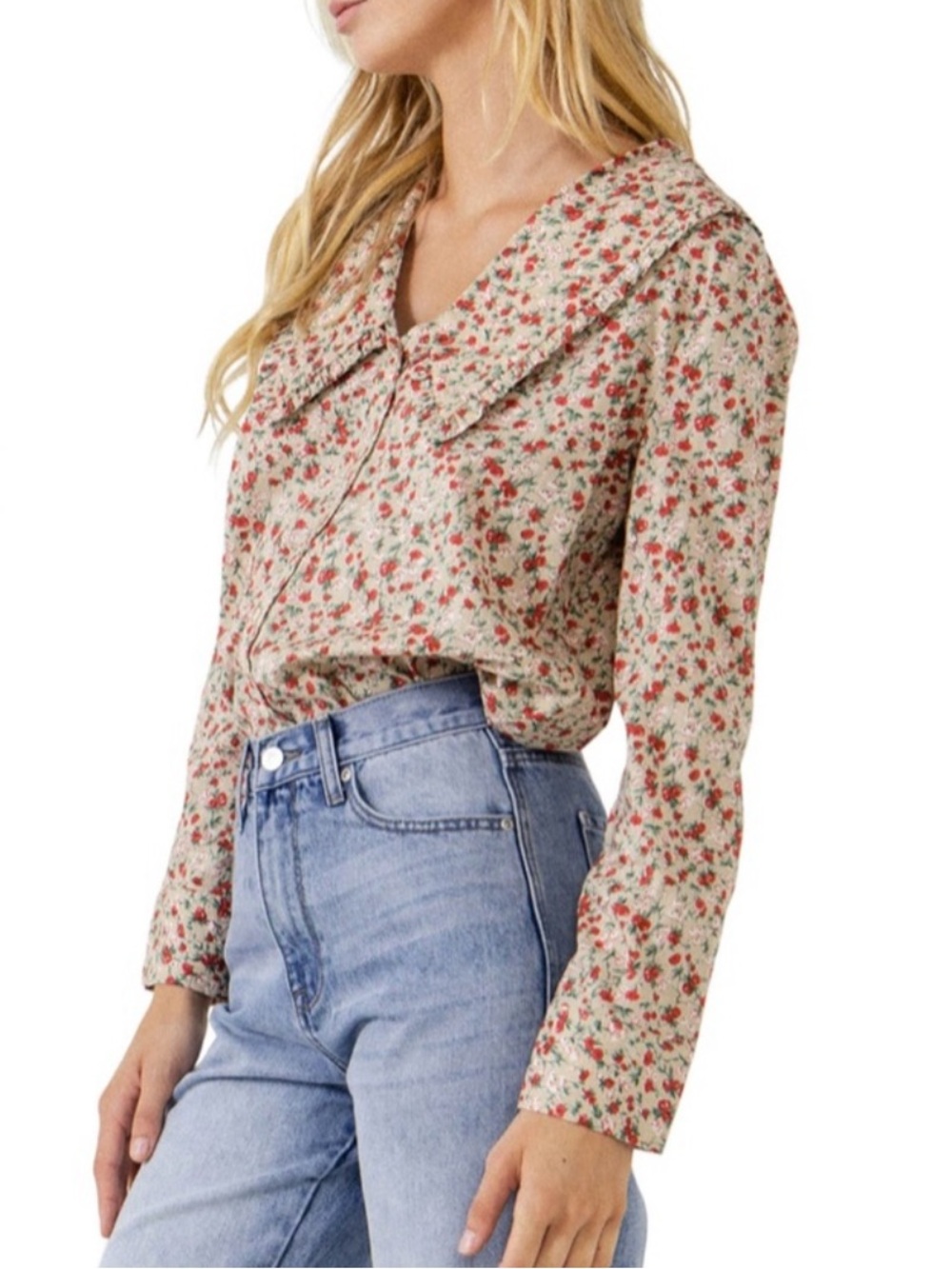 English Factory Peter Pan Ruffle Collar Blouse Medium Cotton Long Sleeve Floral - Picture 5 of 16